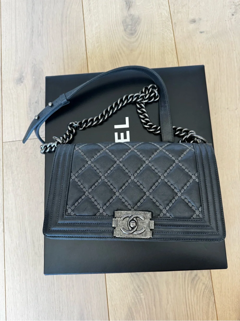 Chanel Boy Bag Medium Flap - 16A Charcoal Calfskin with Ruthenium Hardware
